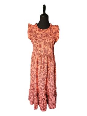 Universal Thread Dress Small Rust Orange Floral Midi Ruffle Sleeve